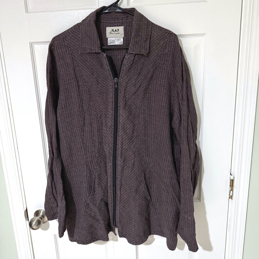 FLAX Jeanne Engelhart Brown Textured 100% Linen Full Zip Jacket Large Lagenlook